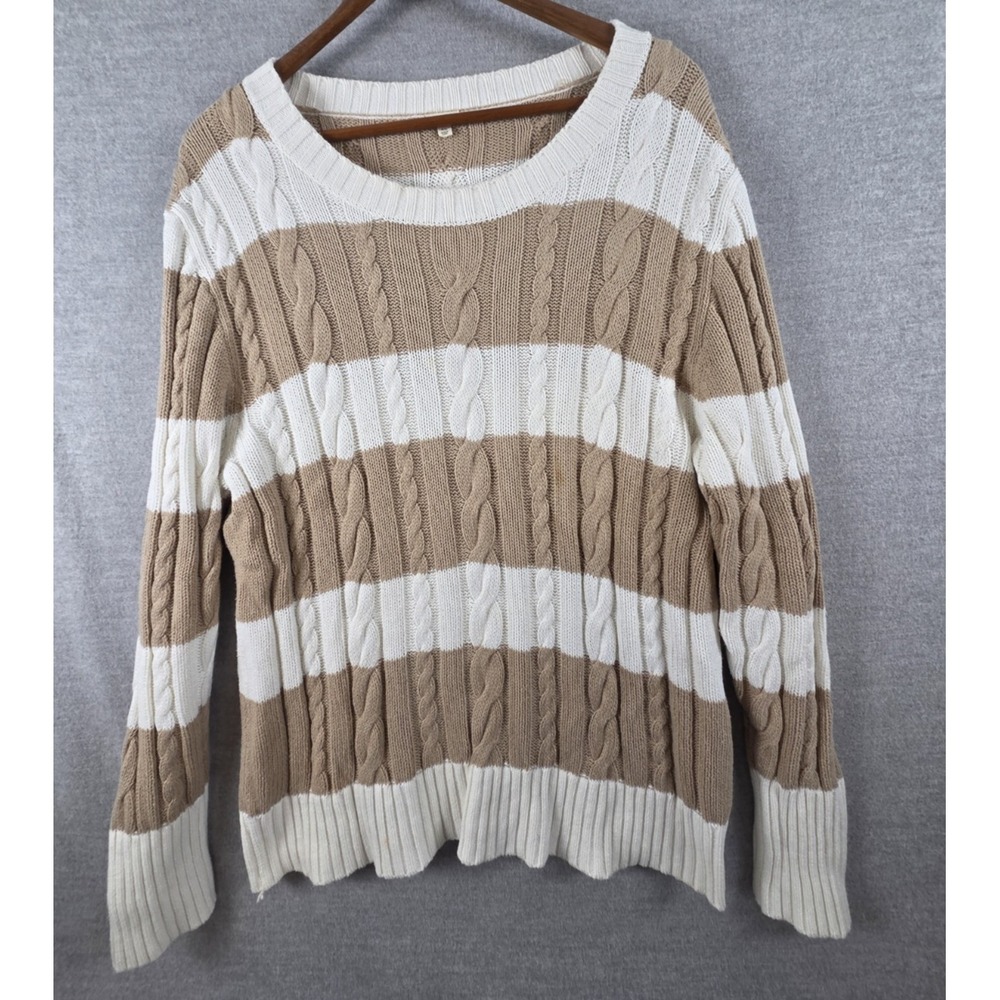 J Crew Sweater XL Chunky Cable Knit Stripe Taupe & Cream Preppy Round Neck 2012